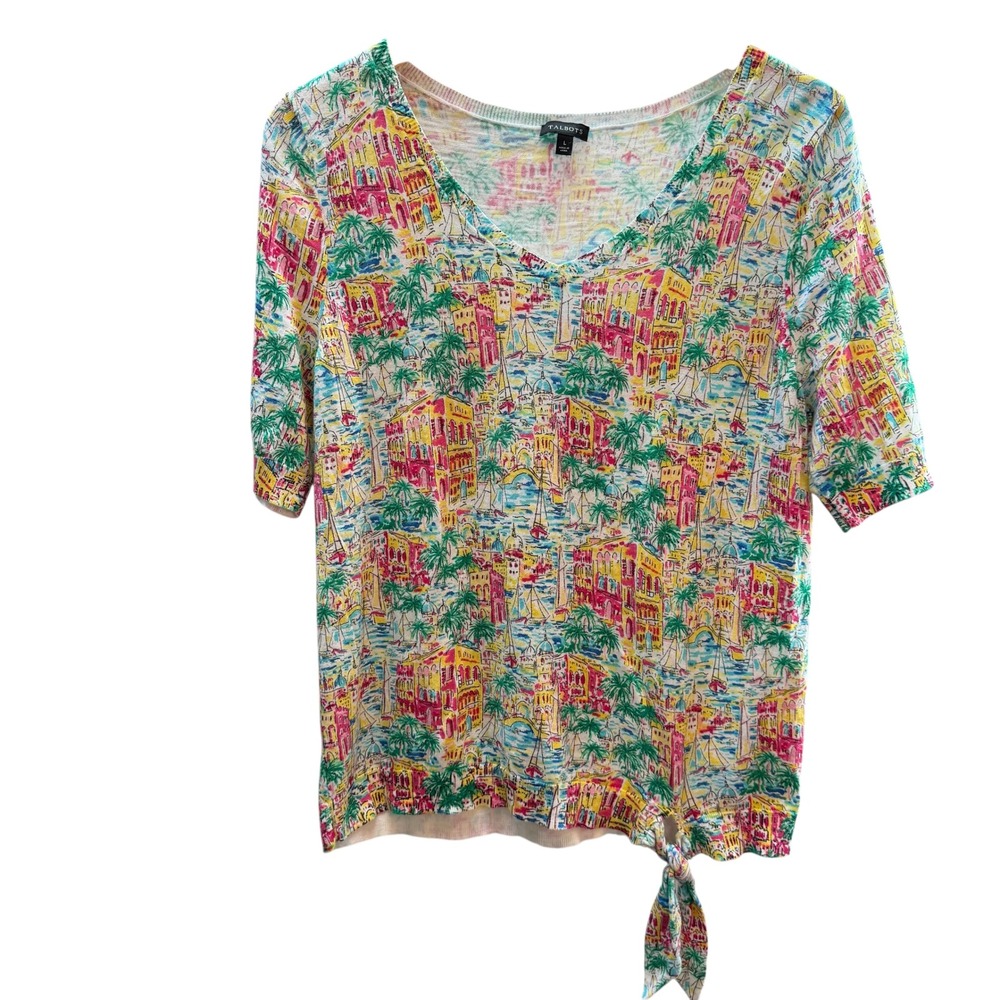 Talbots Street of Santorino Print Cotton V-Neck Short Sleeve Tie Hem Sweater‎ L